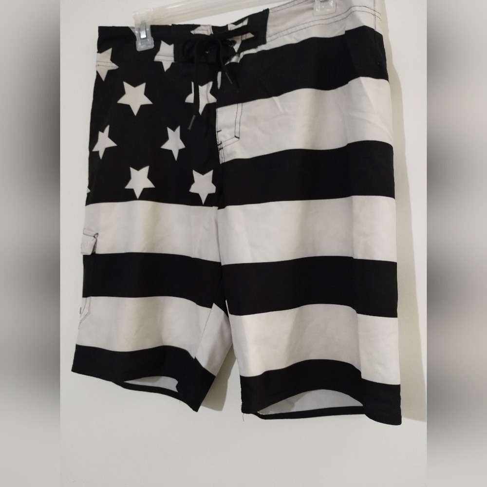 Hang Ten Black and White Star-Striped Board Shorts